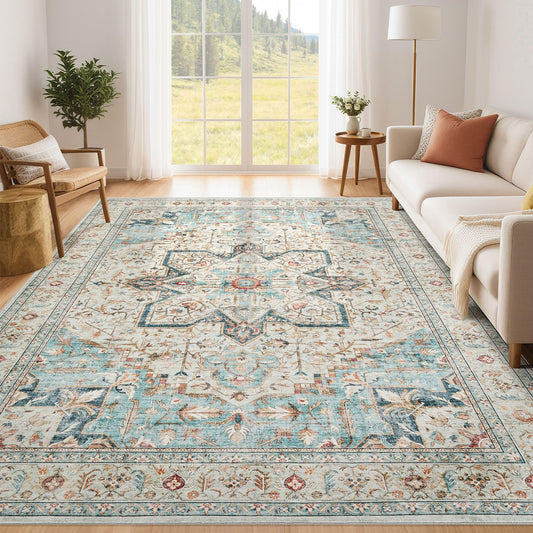 Aqua Multi Boho Style Carpet 5x7 - Low Maintenance Machine Washable - - Rug