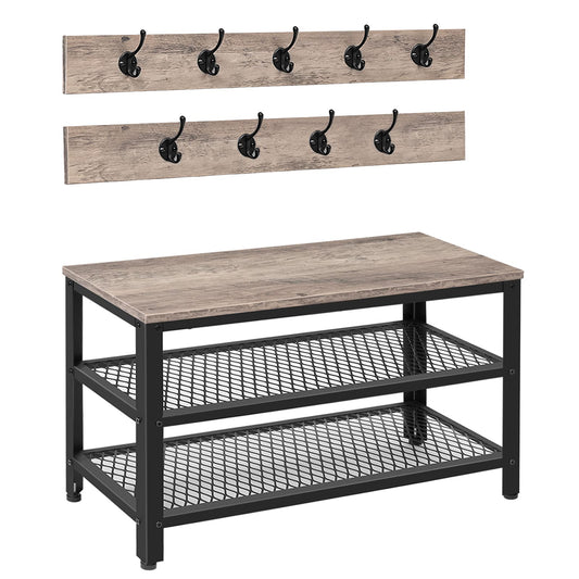 HOOBRO Storage Bench Shoe Rack Organizer with Coat Hooks 3-in-1 Design Black Metal Frame - - storage bench