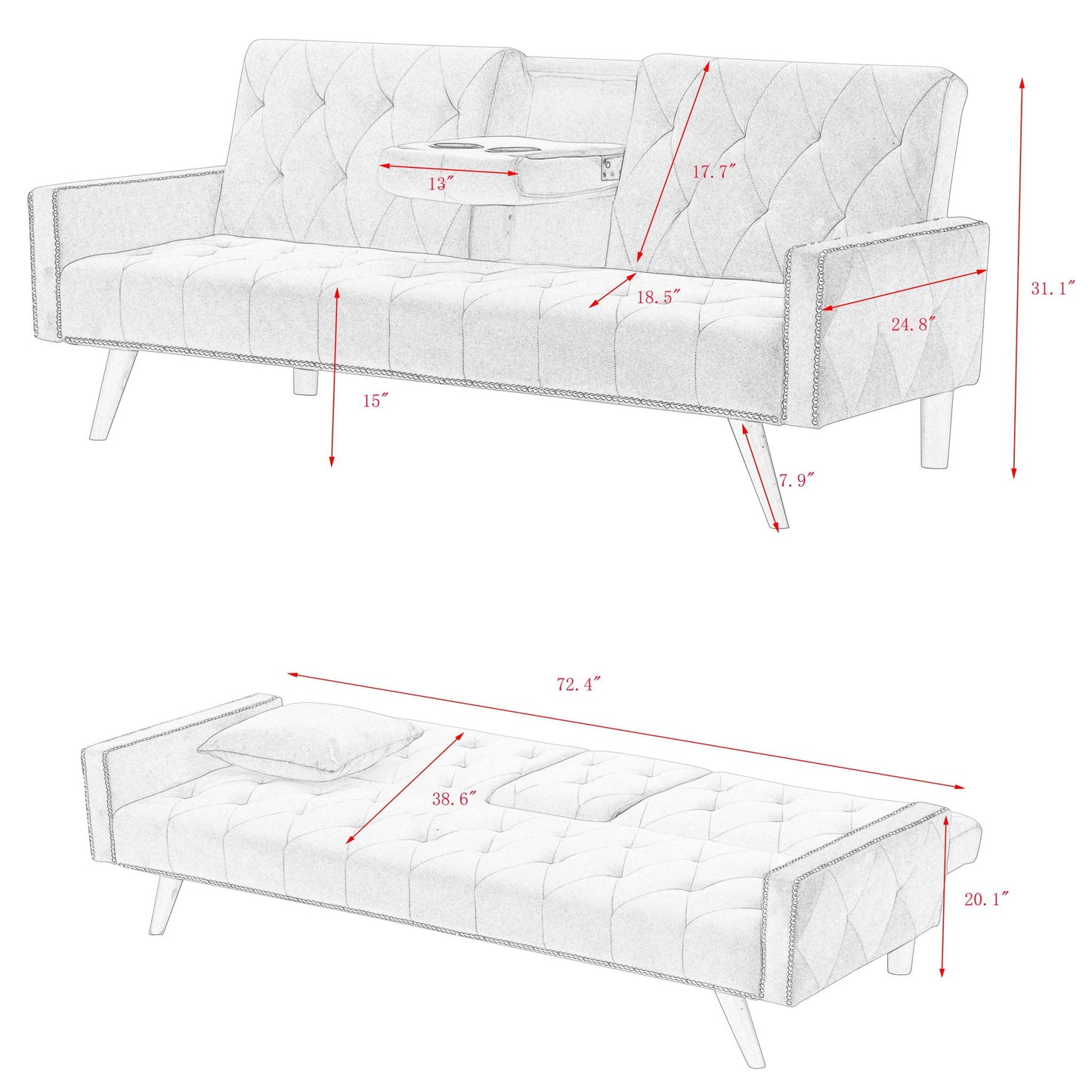 Sofa Bed With Nail Head Trim And Cup Holders - Pink- Unique Piece Furniture- {{Product type}}