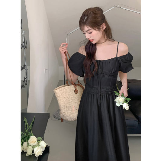 Off-Shoulder Summer Dress for Women - Black L - dress