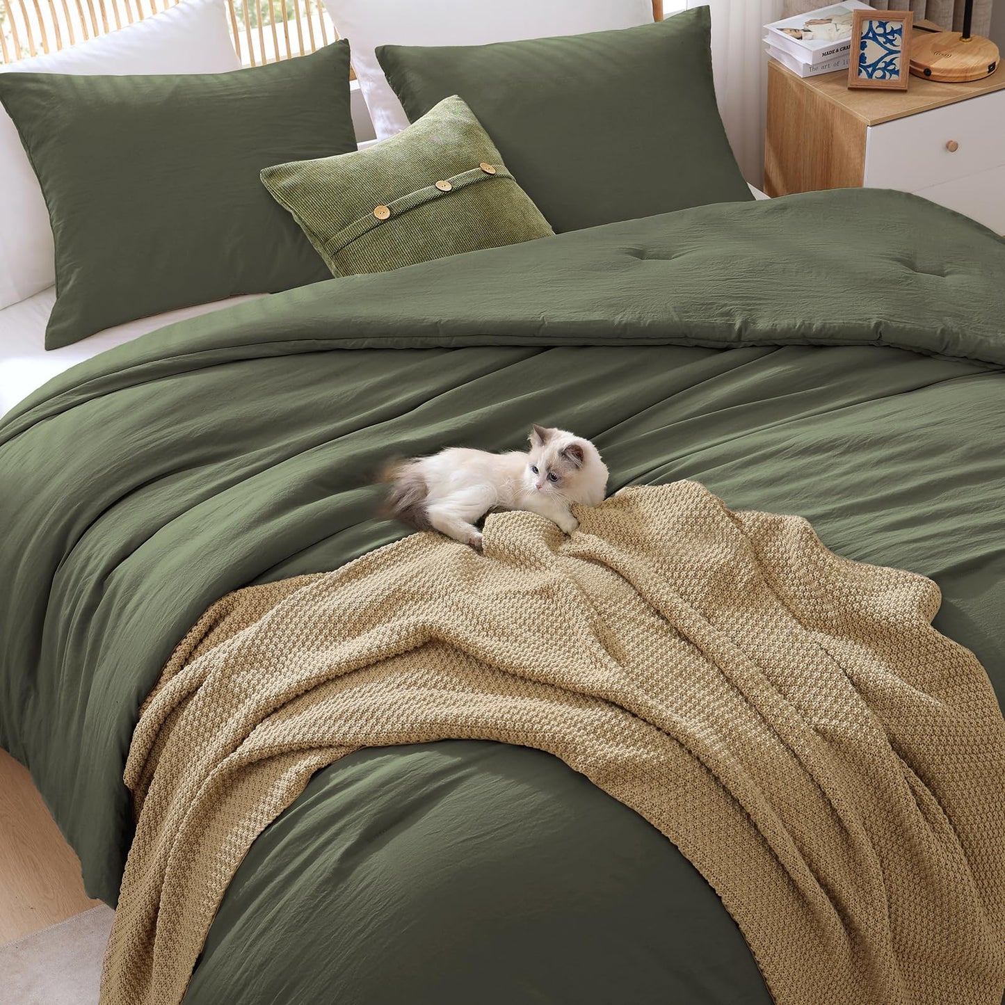 WRENSONGE Olive Green Queen Size Comforter Sets 3 Piece Queen - - blanket