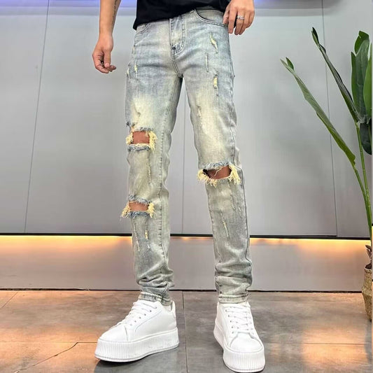 Trendy Distressed Denim Pants - - jeans