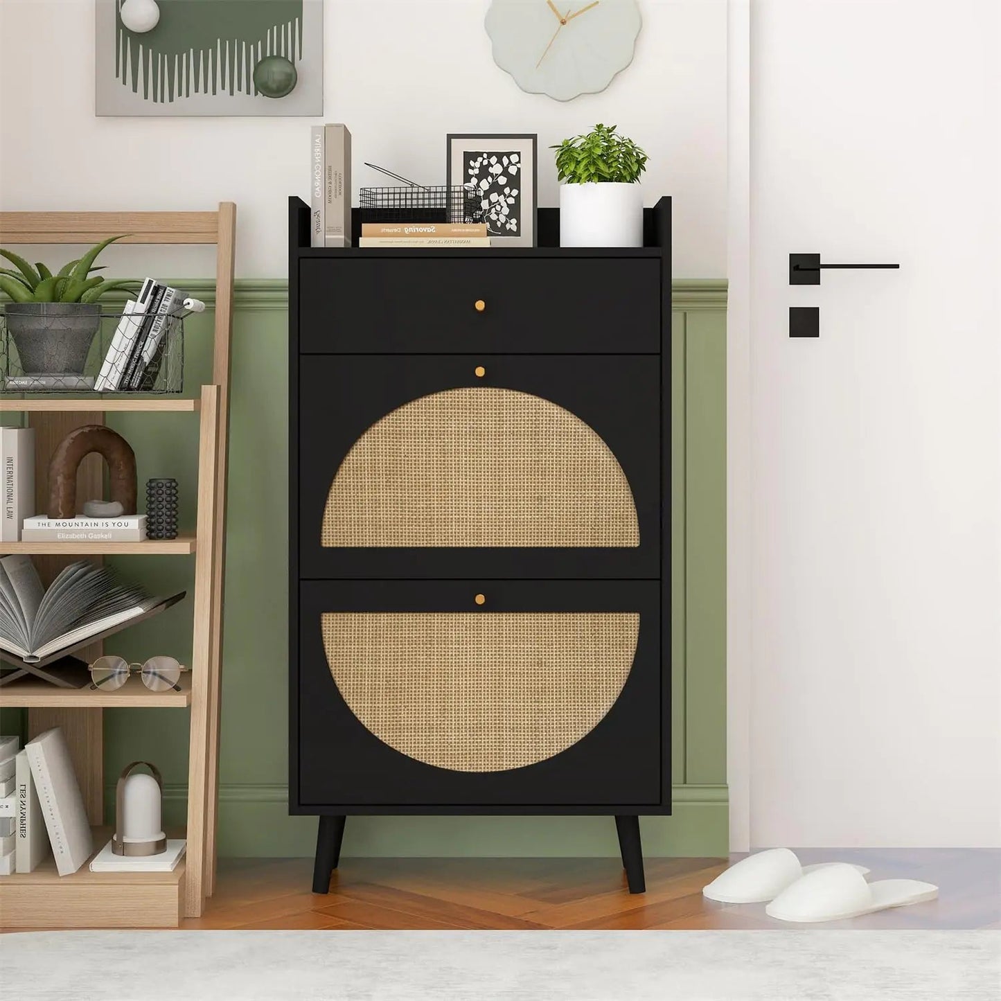 ZeHuoGe Natural Rattan Shoe Cabinet with 2 Flip Drawers Black Shoe Rack Storage Cabinet for Heels Slippers Free Standing Shoe Rack for Entrance Hallway (Black) Kia Day Design