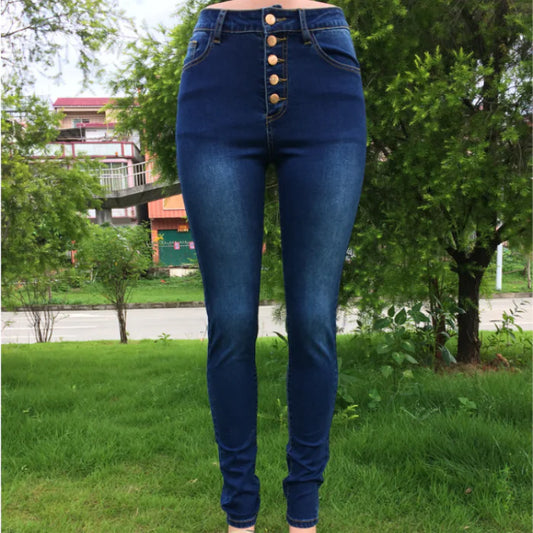 Blue High Waist Skinny Jeans with Button and Pockets - Kia Day Design