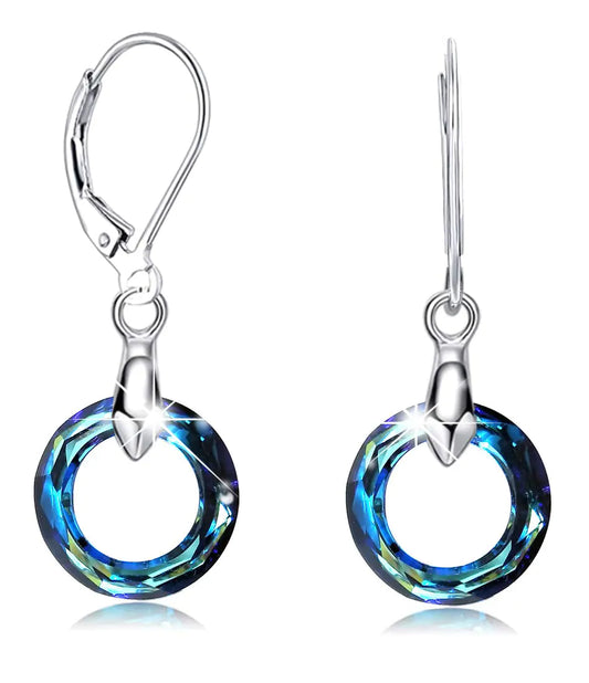 925 Sterling Silver Circle Earrings Austrian Crystal Leverback Earrings Jewelry Dangle Drop Earrings for Women (Bermuda Blue Crystal Earrings)