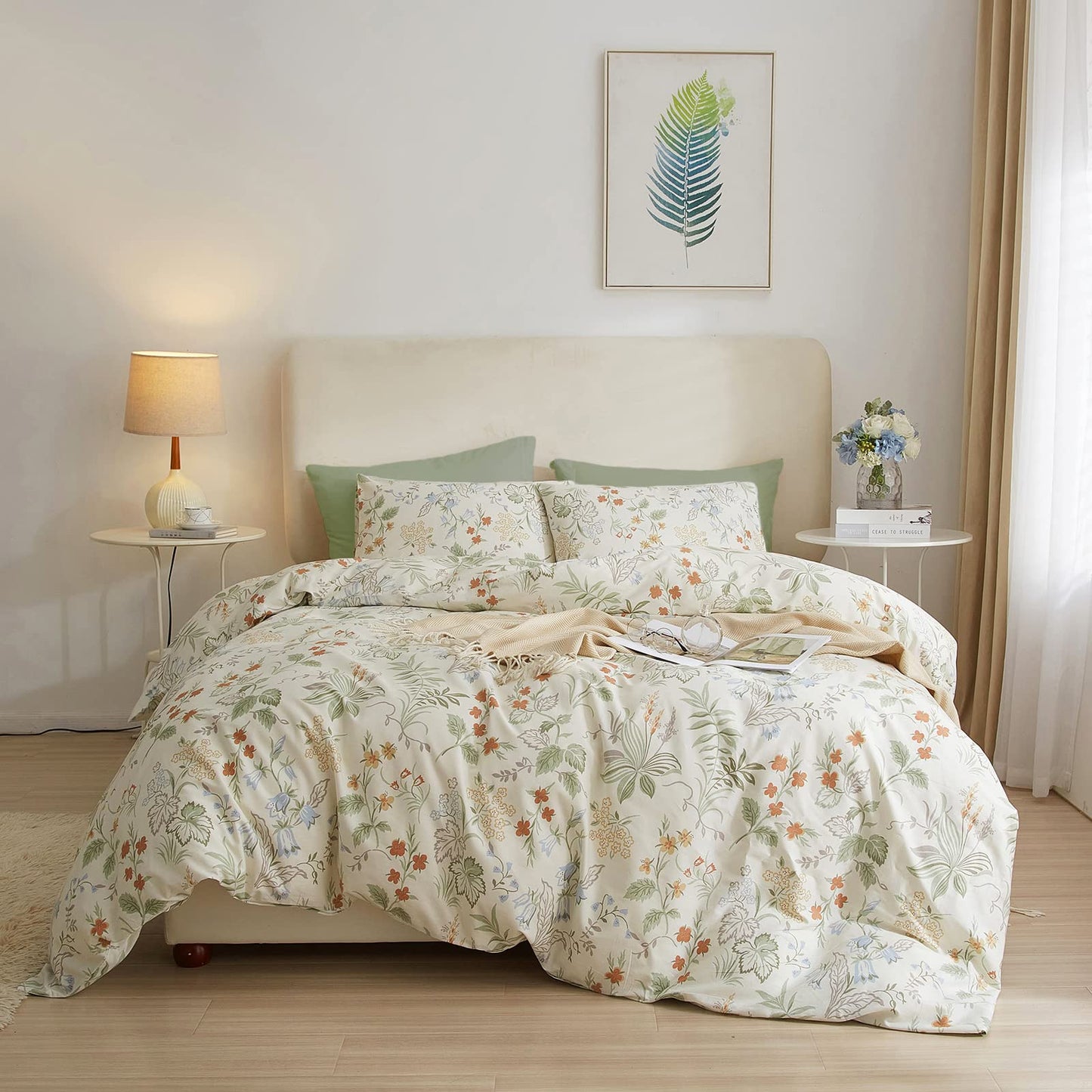 Florafusion Queen Duvet Set with Zipper - Green Floral - - duvet set