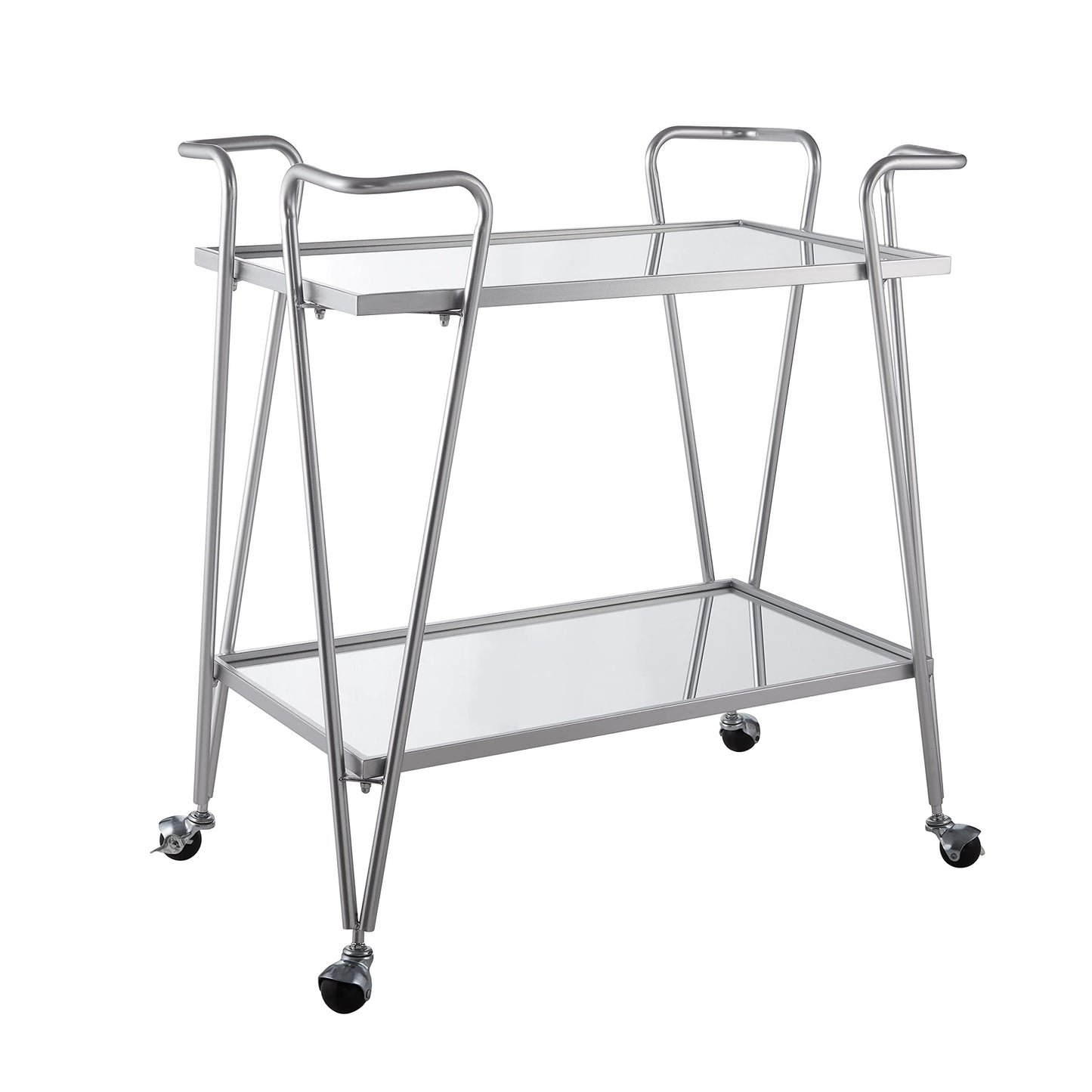 Linon Gina Silver Mid Century Bar Cart with Mirrored Shelves - - bar cart