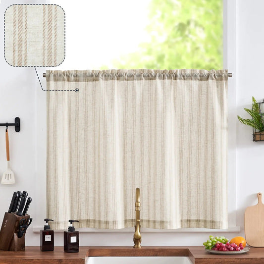 Beige Striped Linen Cafe Curtain 1 Panel - Kia Day Design