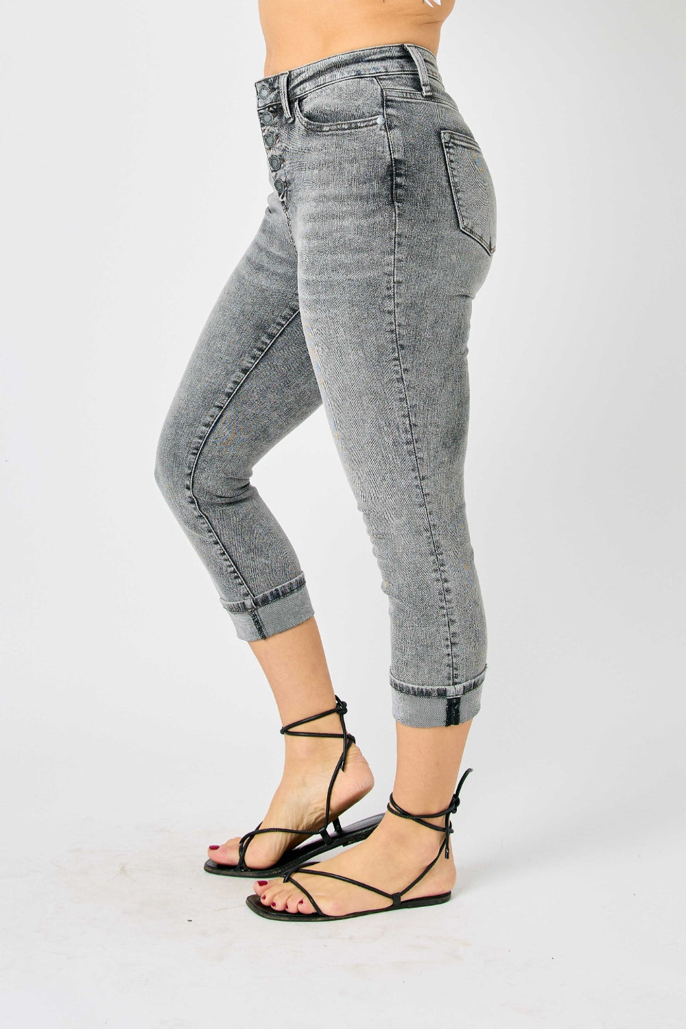 Judy Blue Sasha High Waist Cuffed Button Fly Gray Denim Capri Jeans - - jeans