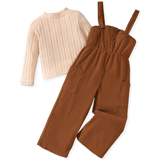 Little Girl Fall Winter Corduroy Button Down Overall Suspender Pants Set - Kia Day Design