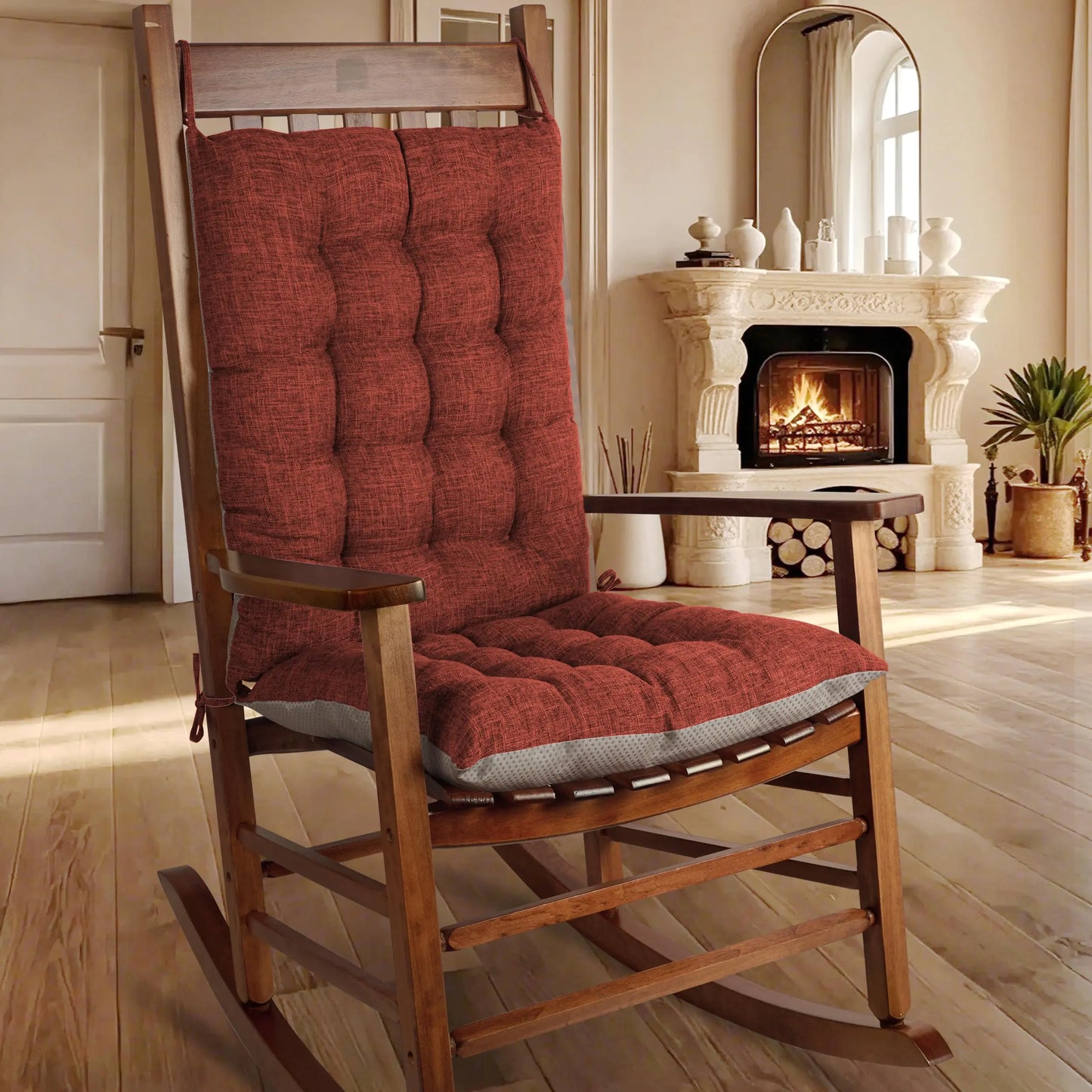 Set of 2 High Back Brick Red Linen Non-Slip Rocking Chair Cushions - - cushion