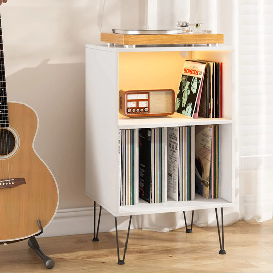 White HOMMPA Record Player Stand with LED Lights Holds Up to 150 Albums - Kia Day Design