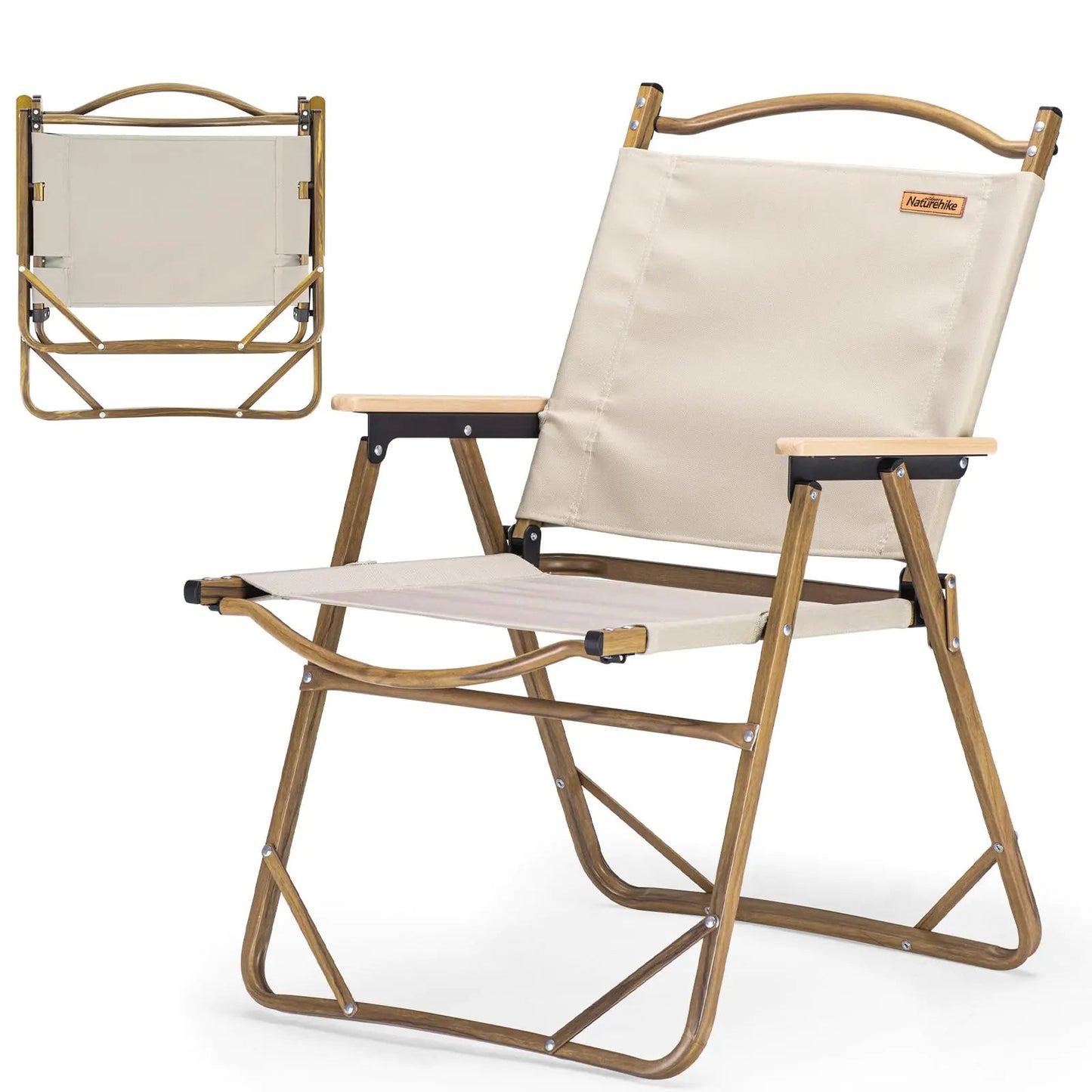 Large Khaki Aluminum Outdoor Portable Folding Camping Chair Solid Wood Armrest - Kia Day Design