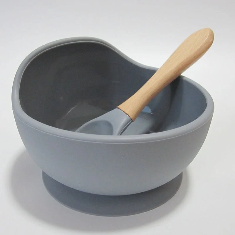 Baby Silicone Feeding Set with Wooden Handle Spoon dark Gray