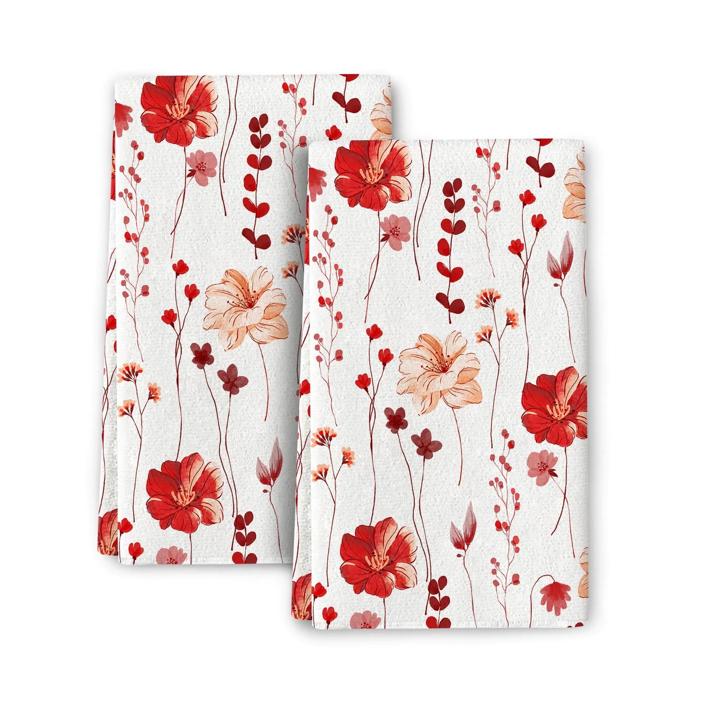 Set of 2 Red Watercolor Floral Kitchen Towels with Hanging Loop - Kia Day Design