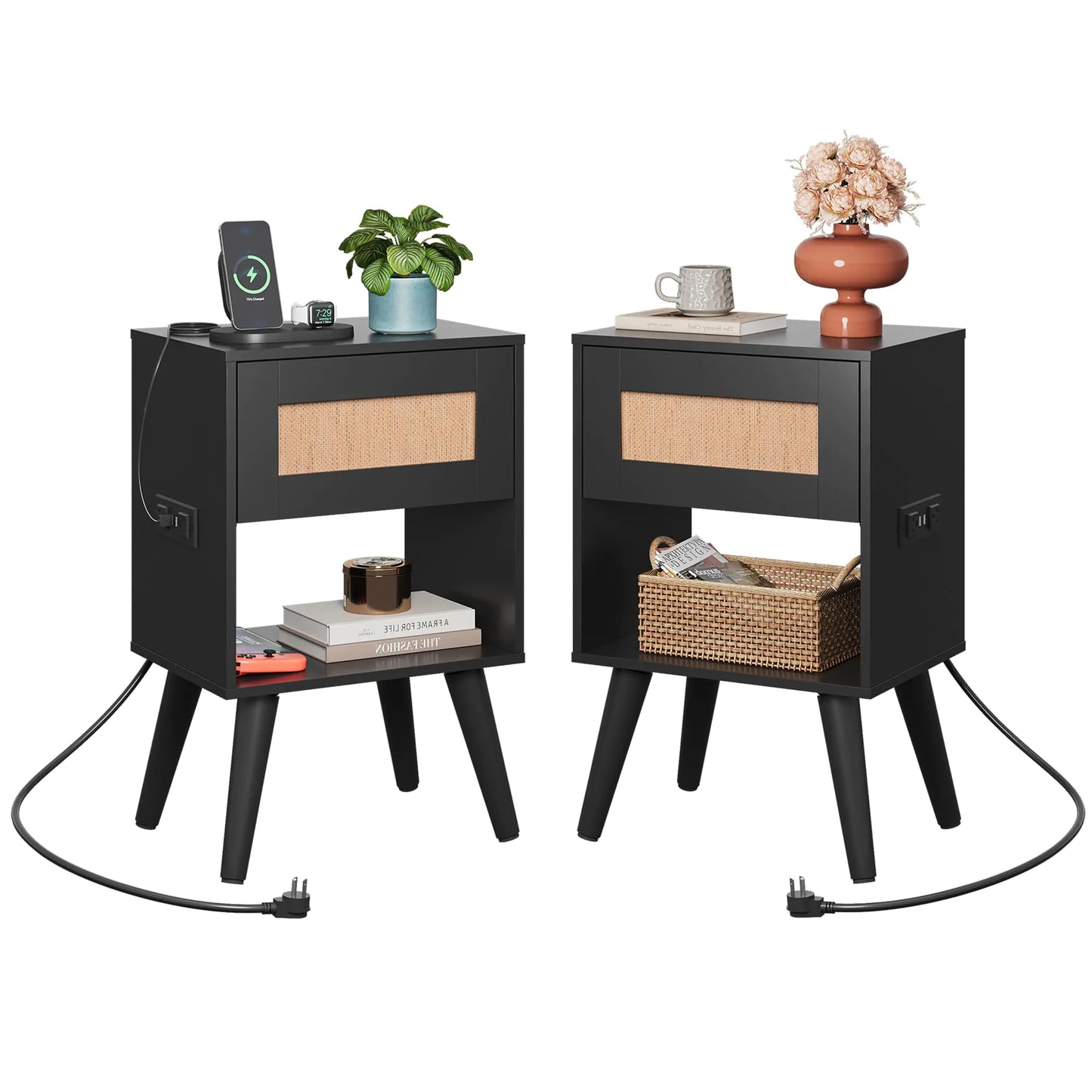 Set of 2 Black Rattan Side Tables - - table