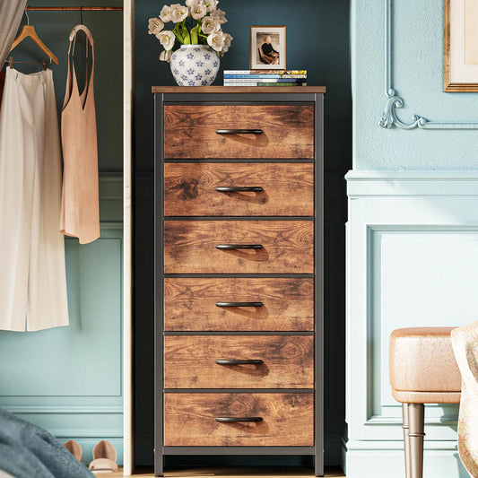 Huuger Tall Dresser for Bedroom 6 Drawer Dresser & Chests of Drawers Fabric Dresser for Closet Bedroom Night Stand End Table with Metal Frame Storage Tower with Fabric Bins Rustic Brown Kia Day Design