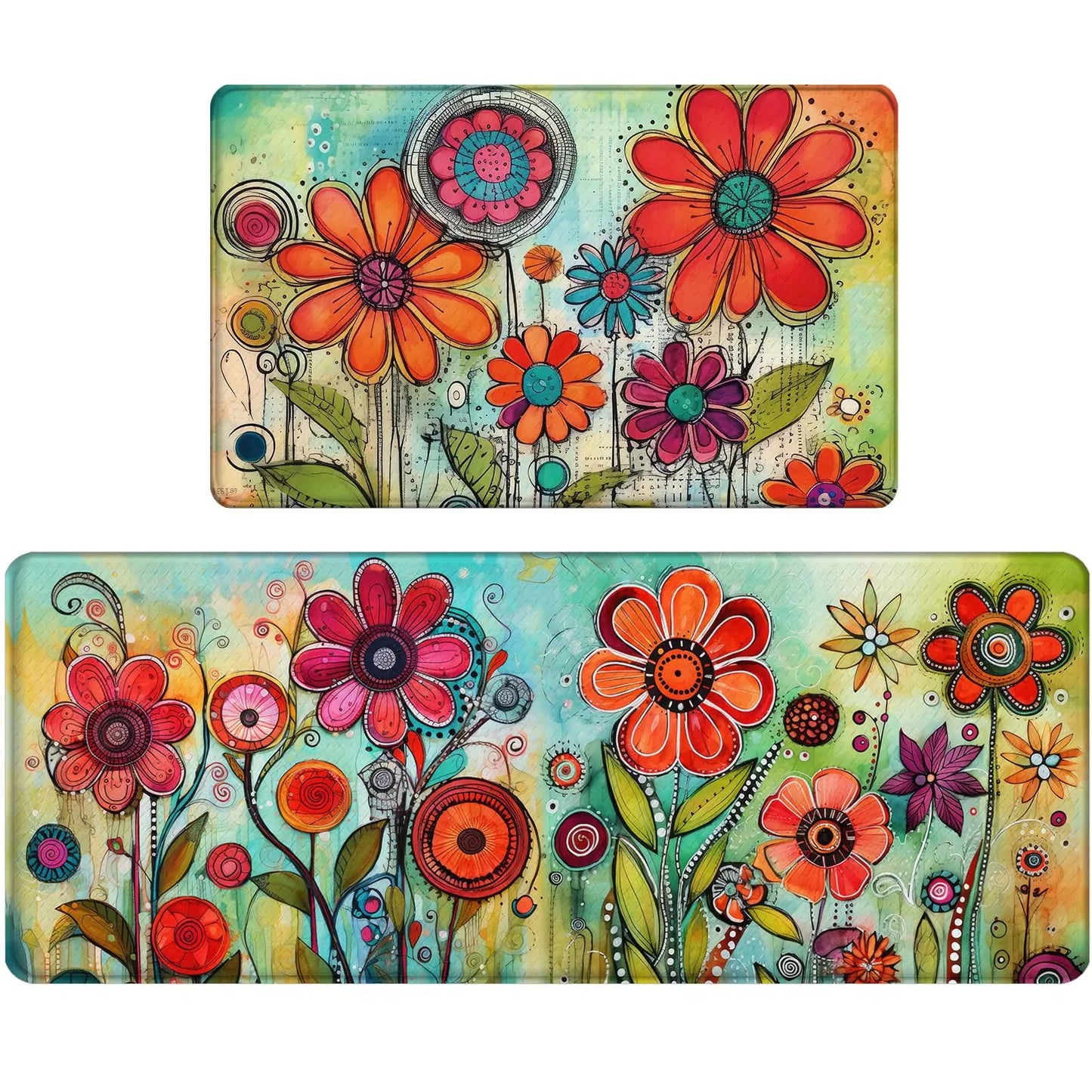 Set of 2 Waterproof Flowers Anti Fatigue Kitchen Floor Mats - - mat