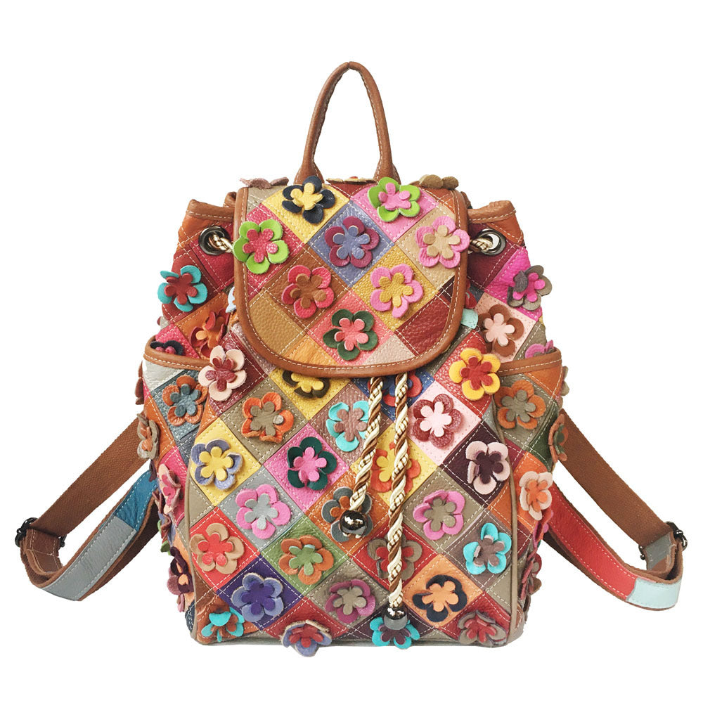 Retro Cowhide Patchwork Diamond Checkered Backpack - - bookbag
