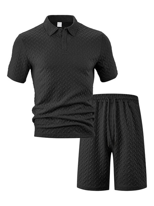Men's Full Size Textured Polo Shirt and Shorts Set Plus Size - Black -