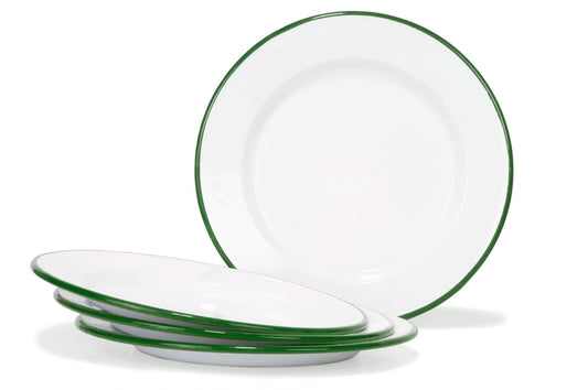 White and Green Rimmed Enamel Plates by Red Co - Set of 4 - - plates