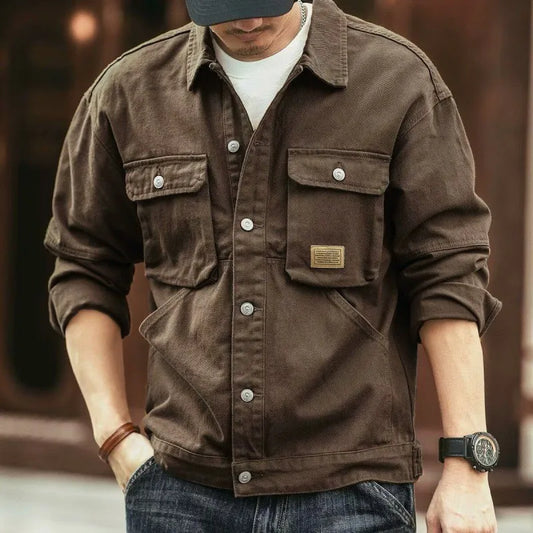 Men's Washed Collared Neck Cargo Jacket - -