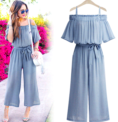 Off-Shoulder Wide Leg Pants Jumpsuit - Blue L - outfit