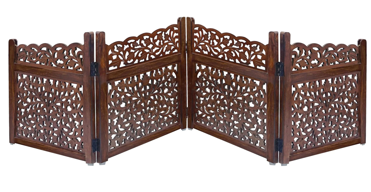 Wooden Foldable Pet Dog Safety Gate - 4 Panel 20" W x 24" H - Hand Carved Mahanadi Free Standing Portable - Kia Day Design