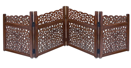Wooden Foldable Pet Dog Safety Gate - 4 Panel 20" W x 24" H - Hand Carved Mahanadi Free Standing Portable - Kia Day Design