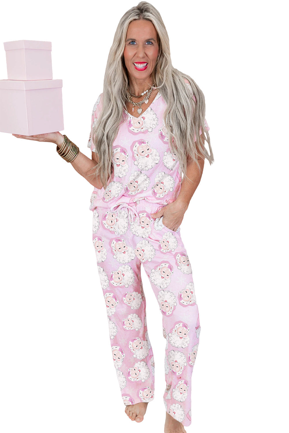 Pink Santa Claus Print V Neck Tee Drawstring Pants 2pcs Lounge Set - - Loungewear & Sleepwear/Loungewear