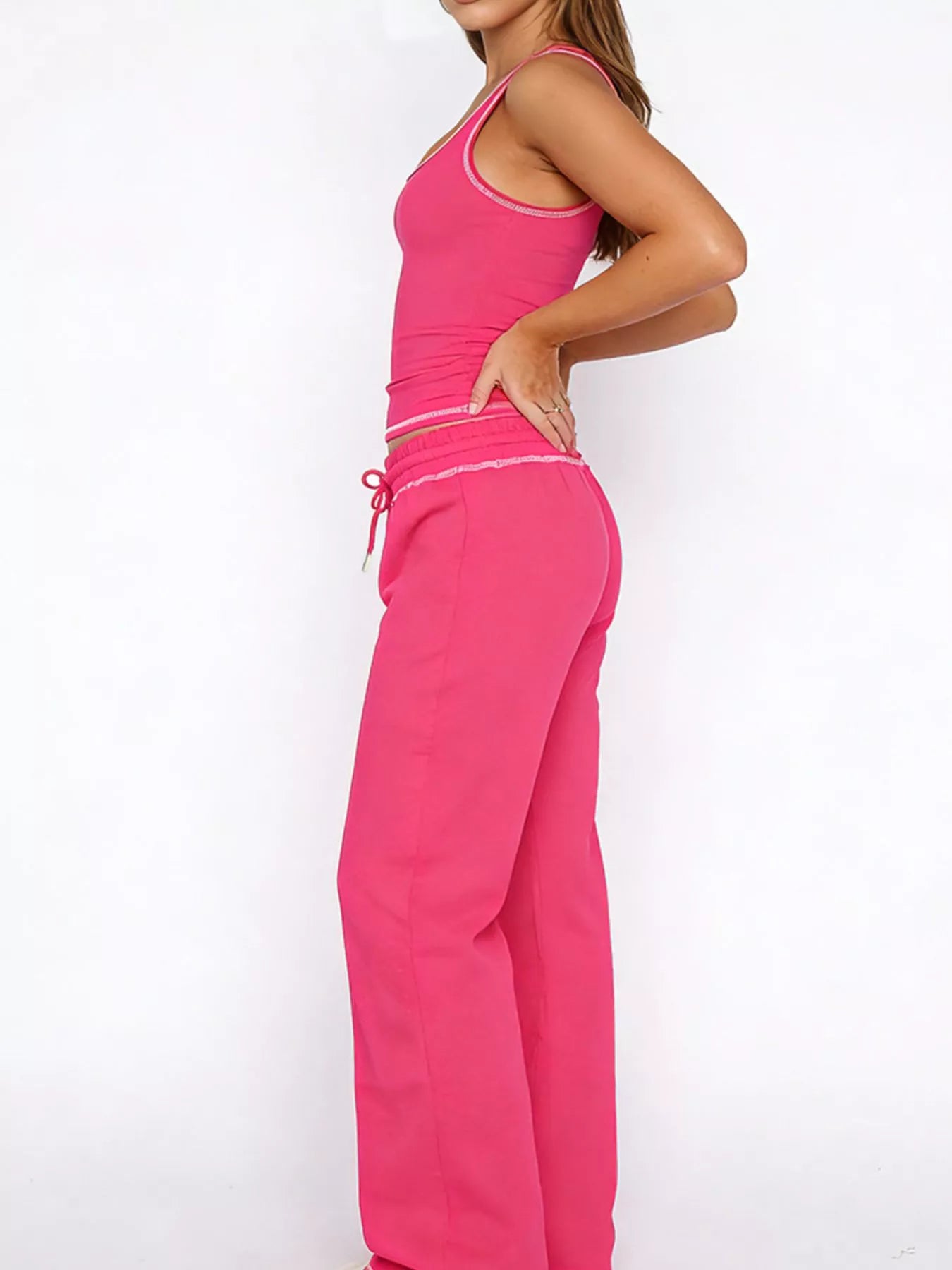Scoop Neck Tank Top and Drawstring Pants Set - - pants set
