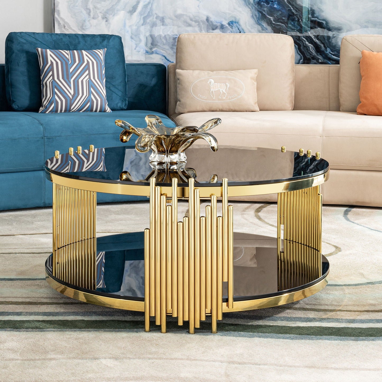 Elegant Round Table With Double Layer Tempered Glass Top And Stainless Steel Frame For Living Room - - Side Tables