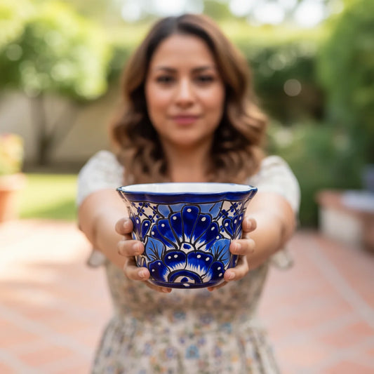 Talavera Flower Pot Handmade Blue & White Mexican Ceramic - - Talavera Flower Pot