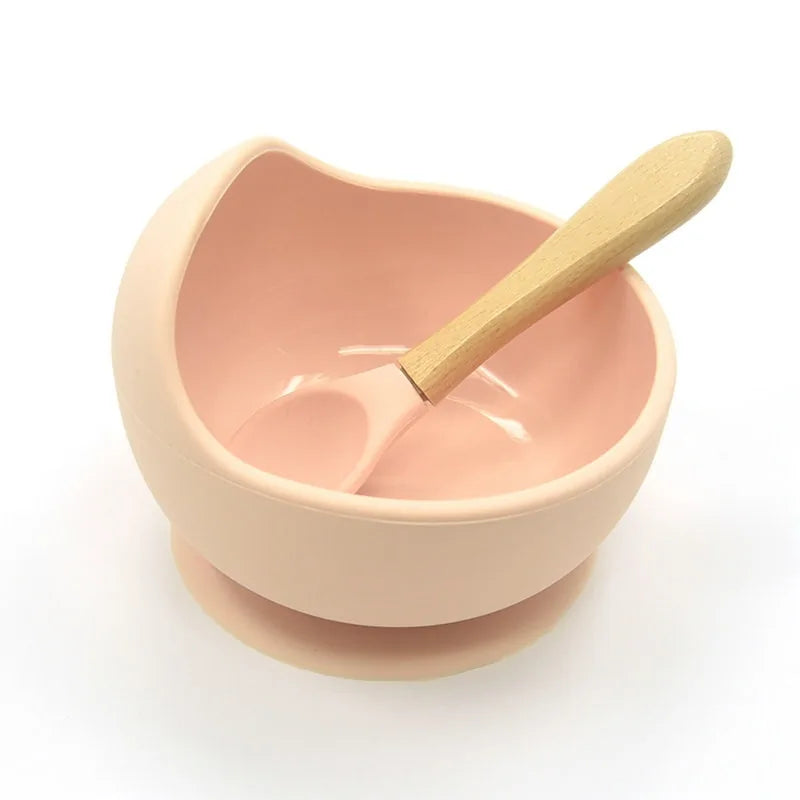 Baby Silicone Feeding Set with Wooden Handle Spoon Light Pink