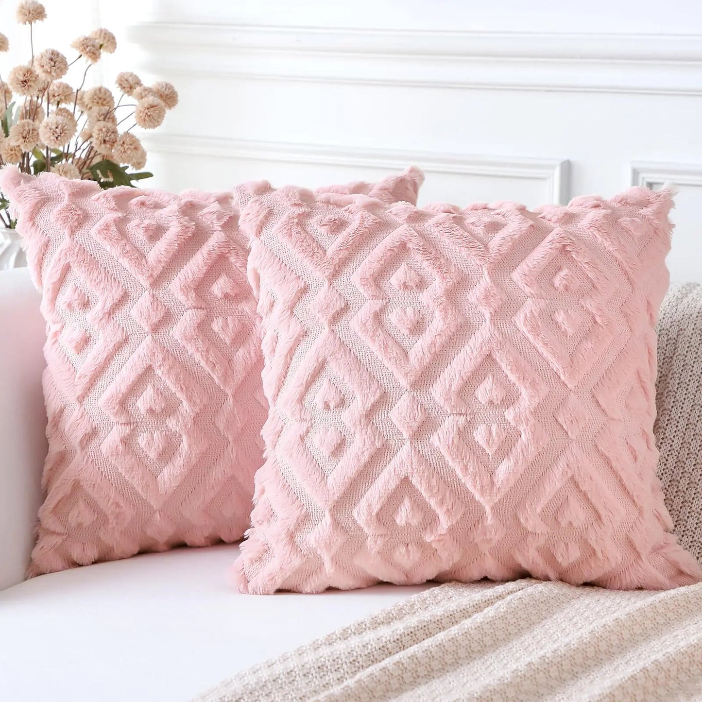 Pink Faux Wool Throw Pillow Cover Set - Kia Day Design