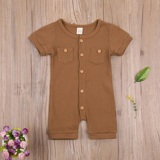 Solid Color Short Sleeve Round Neck Button Baby Playsuit Kia Day Design