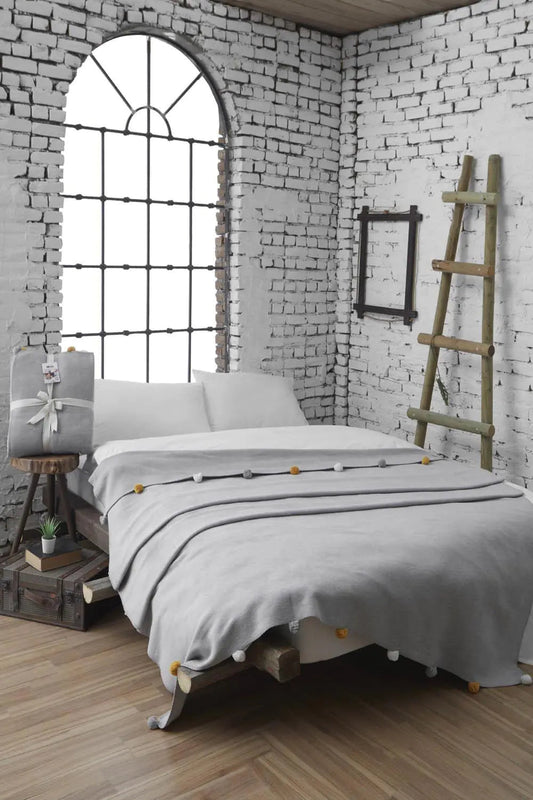Dolce Bonita Home Single Pom-pom Pique Blanket 150x200 Gray Kia Day Design
