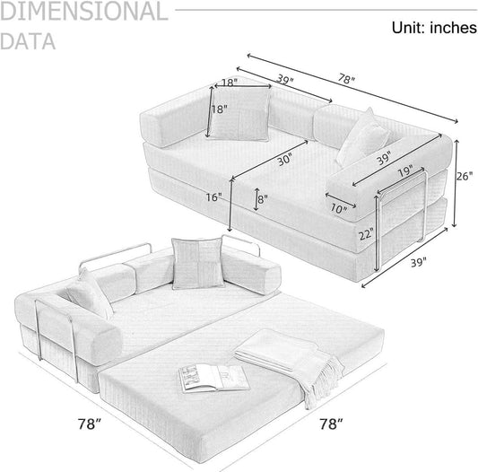Black Corduroy 78 Inch Multifunctional Convertible Sofa Bed - - Sleeper