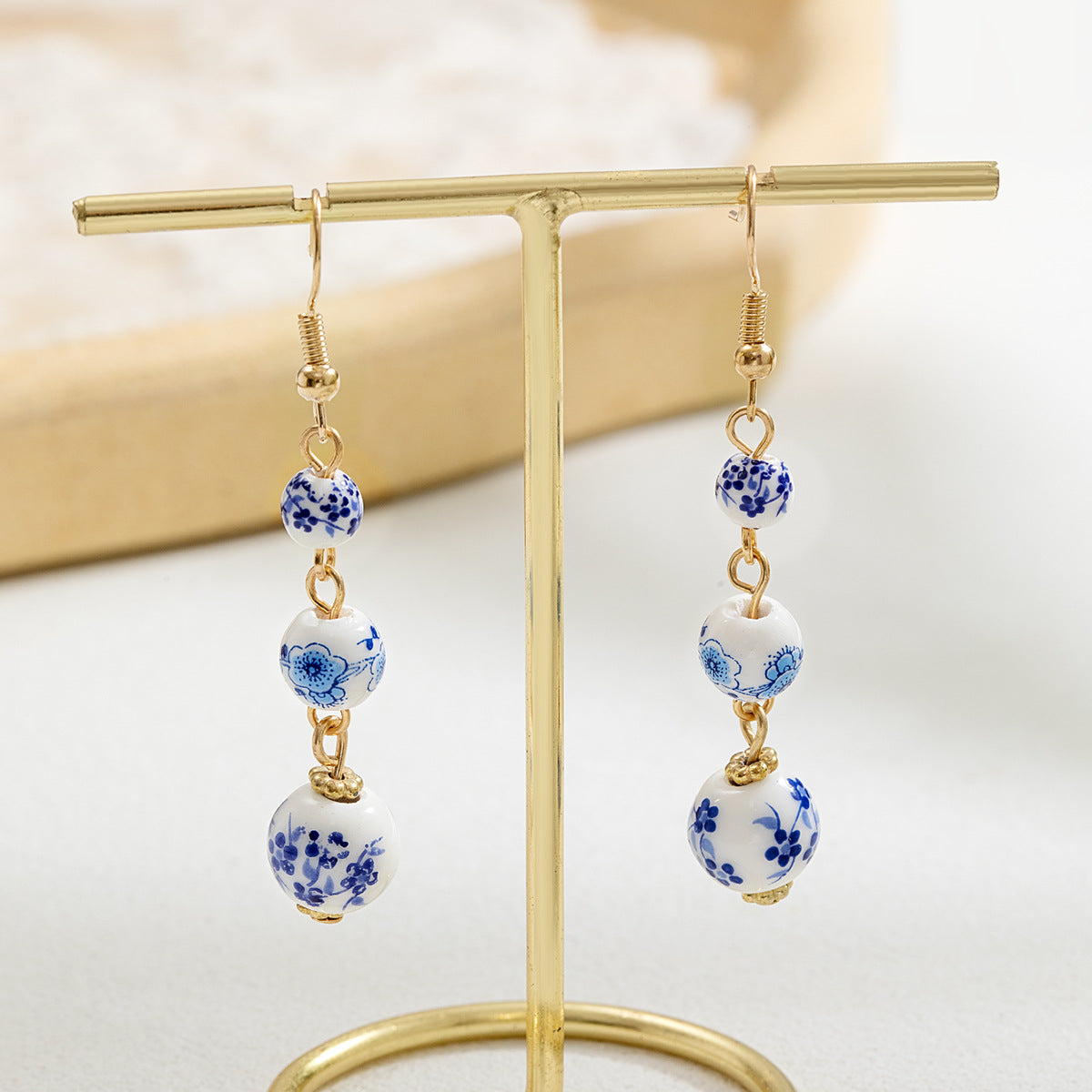 Blue and White Porcelain Bead Long Dangle Earrings - - Earrings
