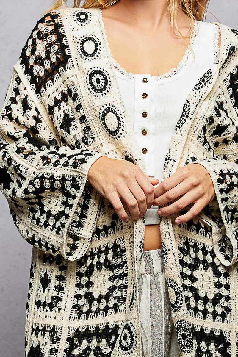 POL Black Granny Square Pattern Open Front Crochet Cardigan - - Cardigans