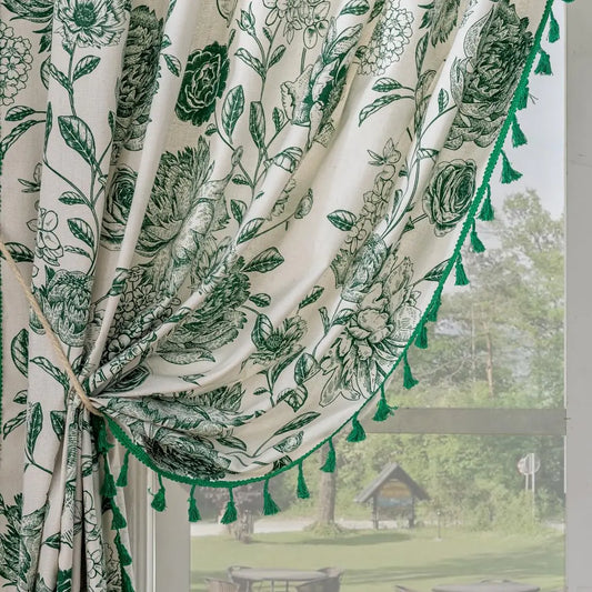 Green Floral 63 Inch Length Window Curtains 2 Panels - Kia Day Design