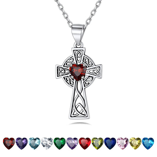 925 Sterling Silver Vintage Celtic Cross Necklace Pendant Serenity Prayer Amulet Necklace Women Silver Heart Red Garnet Gemstone January Birthstone Necklace with 18+2 Inch Silver Rolo Chain