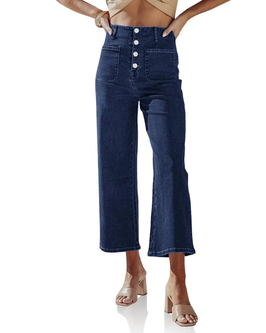 Womens Navy High Waisted Cropped Jeans Capri Button Fly Denim Pants - - jeans