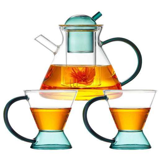 Green Borosilicate Hydrochloric Glass Teapot Set with 2 Glasses and Glass Filter - Kia Day Design