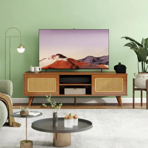 Mid Century Modern Rattan TV Stand Entertainment Cabinet - Kia Day Design