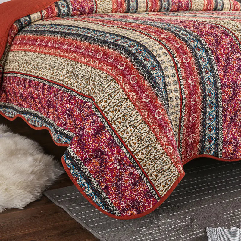 Red Cotton Linen Quilt Set with Bed Cover 3 Pc - Kia Day Design