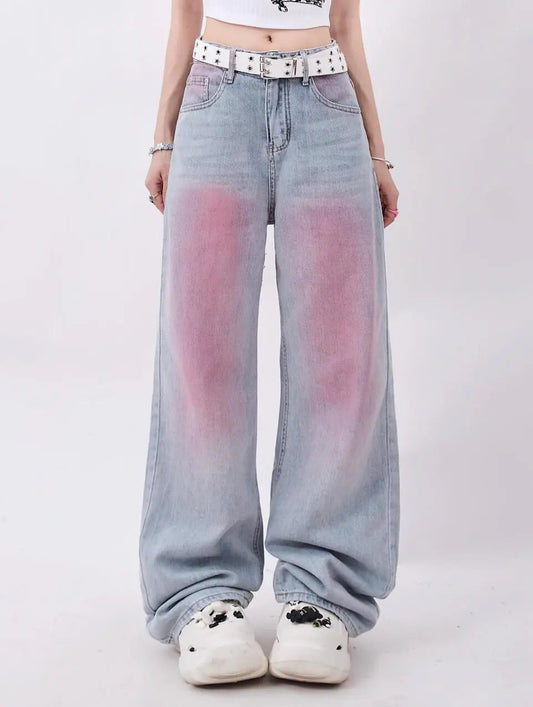 American Retro Graffiti Gradient Jeans - Light Blue M - jeans