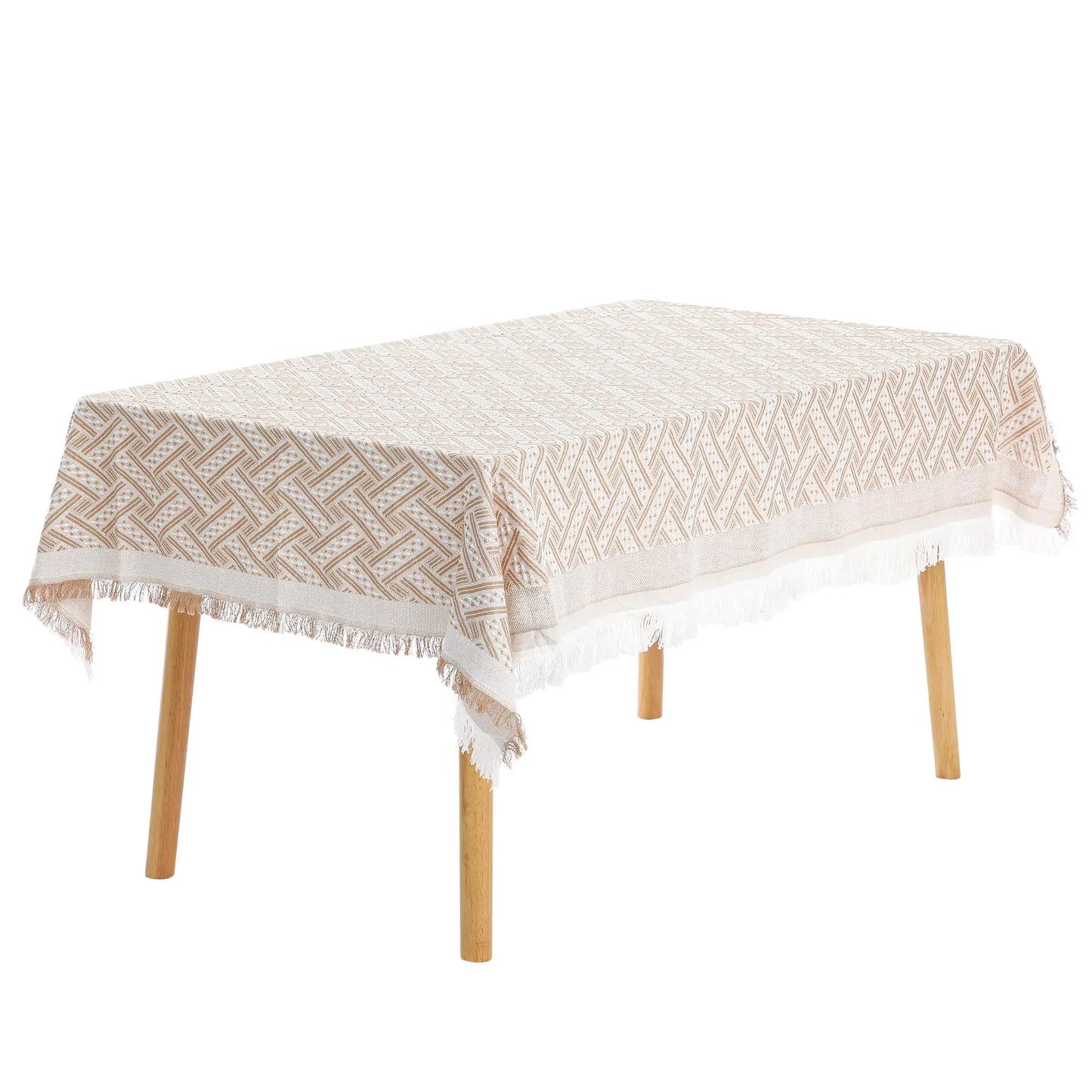 Light Beige Cotton Rectangle Tablecloth Linen Table Cover with Tassels - - table cloth