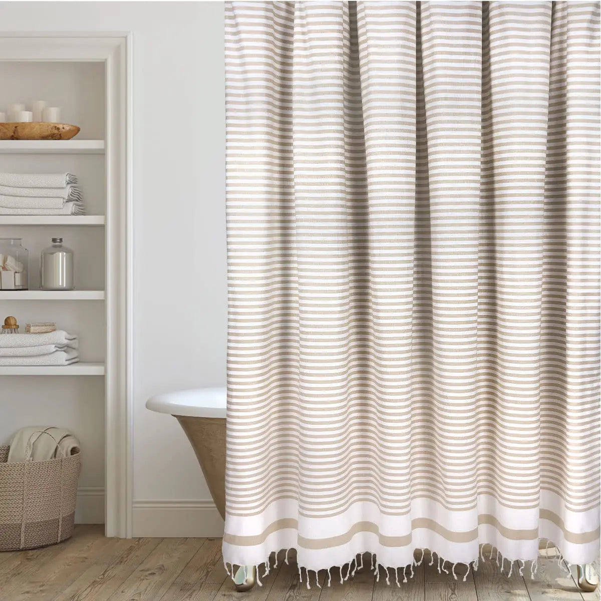 Beige Cotton Striped Fabric Shower Curtain with Tassels - Kia Day Design