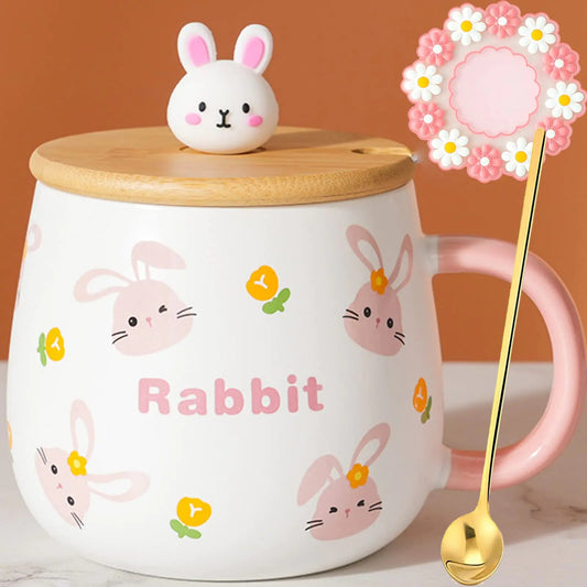 Arawat Cute Mugs Kawaii Rabbit Coffee Mug with Lid and Spoon - - mug
